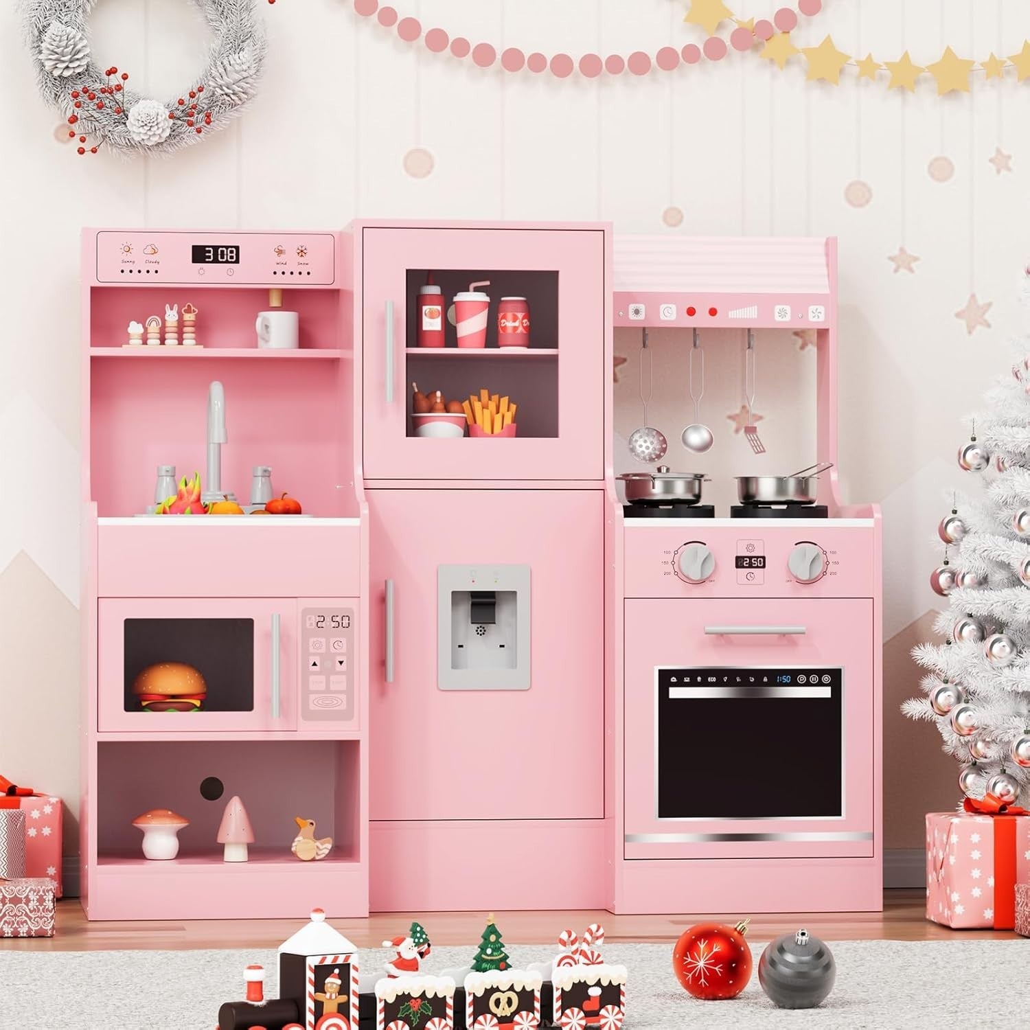 Large Wooden Kids Play Kitchen Pink Lights Sounds Toy Cooking Set
