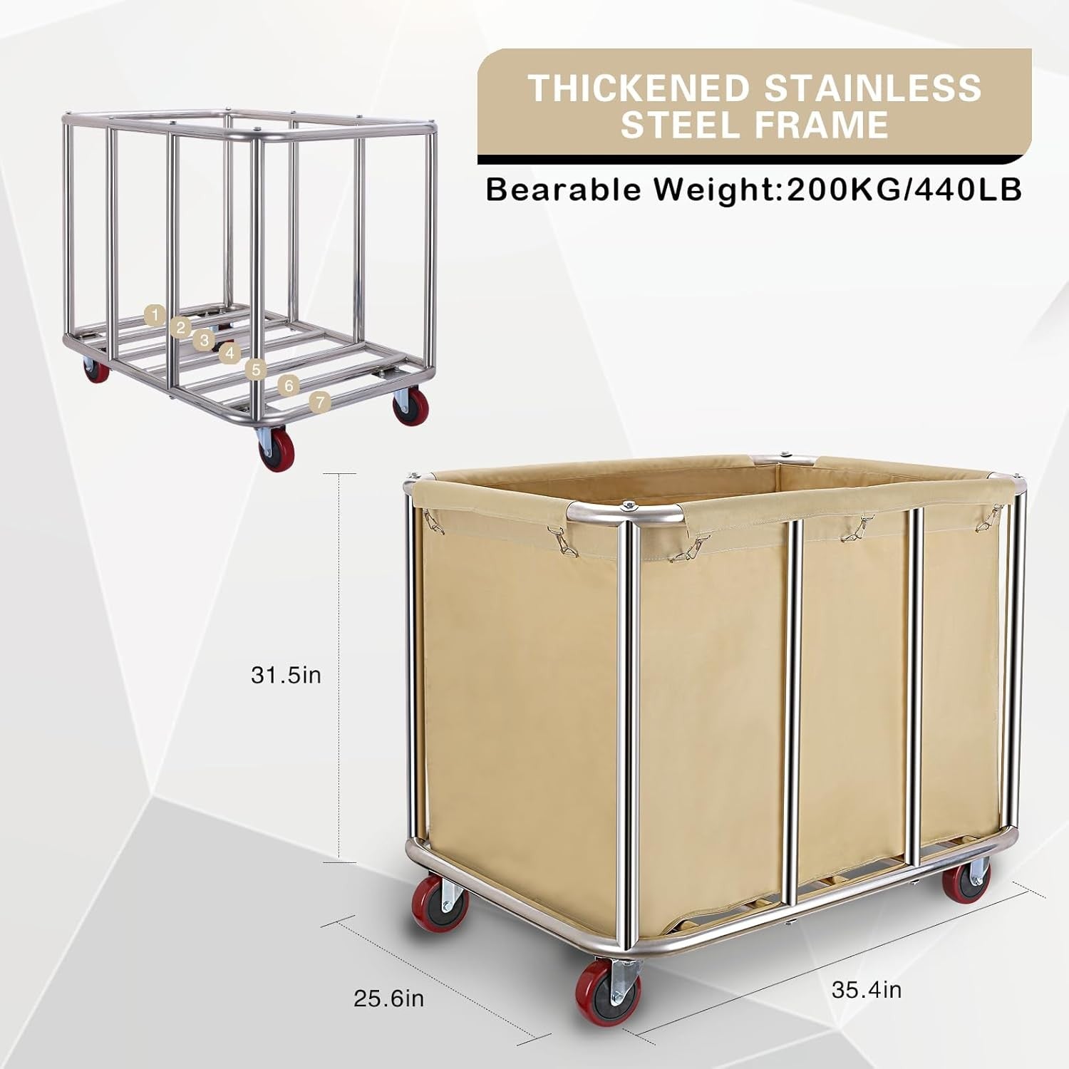 400L Commercial Laundry Cart with Wheels | Heavy Duty Steel Frame Beige Hamper