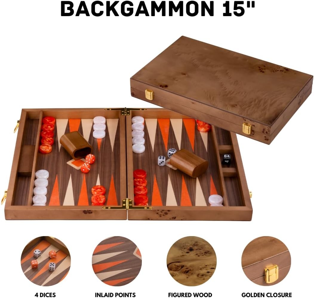Luxury Wooden Backgammon Set 15 Inch Folding Board Walnut Case Dice Cups