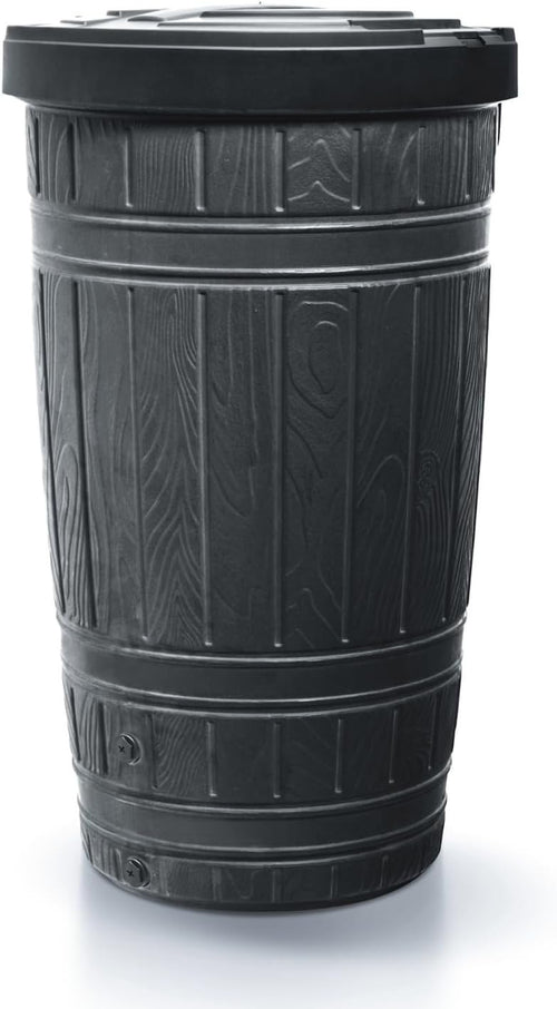265L Wood Look Plastic Water Butt Tank with Lid – Garden Rain Collector Black