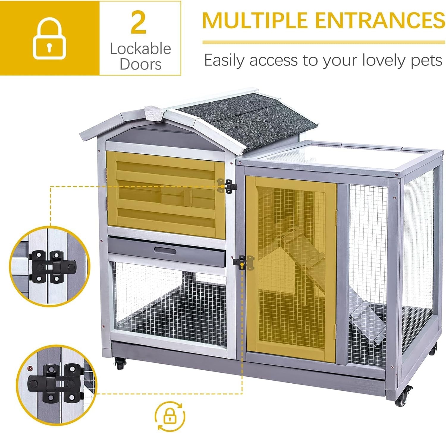 Indoor Outdoor Rabbit Hutch Wooden Cage With Wheels Ramp Secure Small Animal