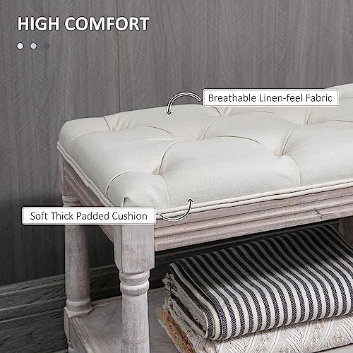 Cream White Upholstered Bed End Bench with Shelf, Tufted Seat Storage