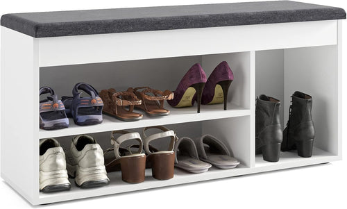 White Shoe Storage Bench with Cushion Hidden Compartment Wide Entryway Seat