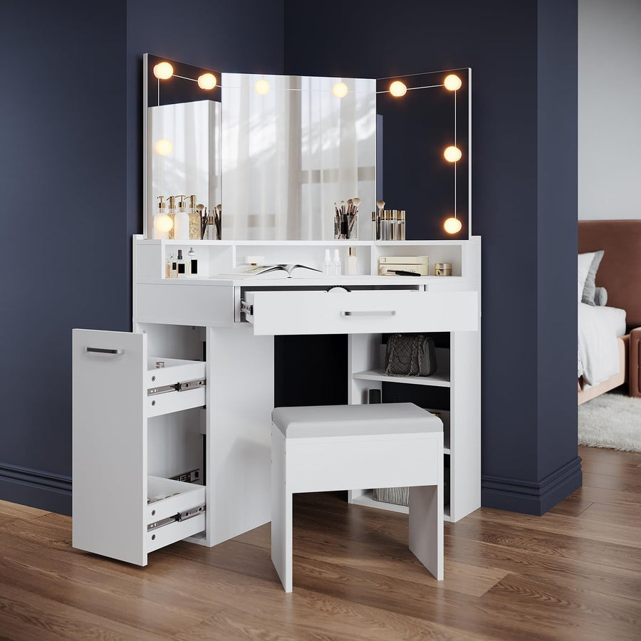 Corner Dressing Table Vanity with LED Lighted Mirror Stool Drawers Storage White