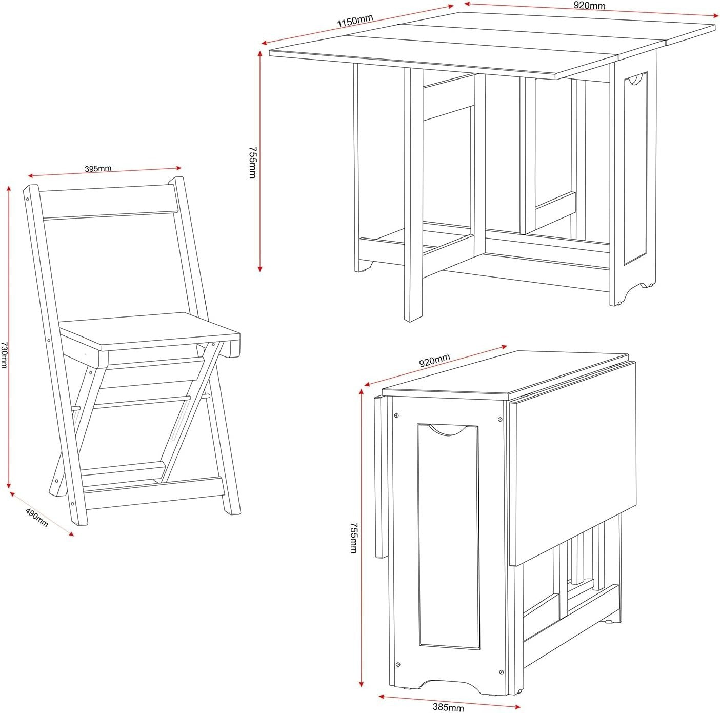 Extendable Butterfly Dining Table Set Grey Pine Compact Kitchen Furniture