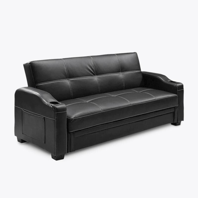 Black Faux Leather Sofa Bed w/ Storage Cup Holders Recliner Sleeper