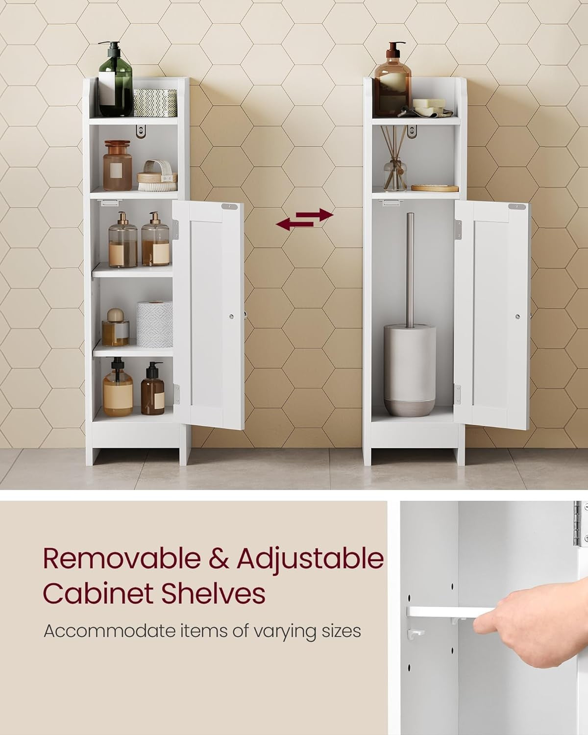 Slim White Bathroom Storage Cabinet with Door, Adjustable Shelf & Narrow Design
