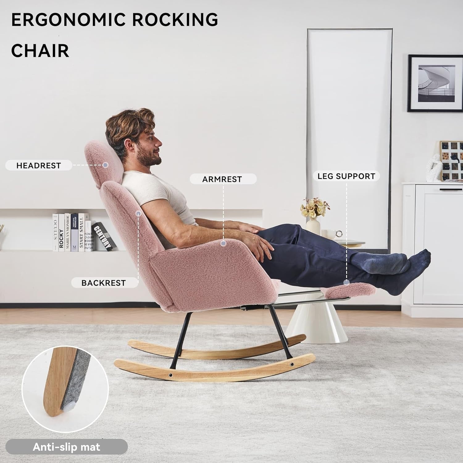 Pink Rocking Recliner Chair w/ Footrest & Headrest – Soft Teddy Armchair 125cm
