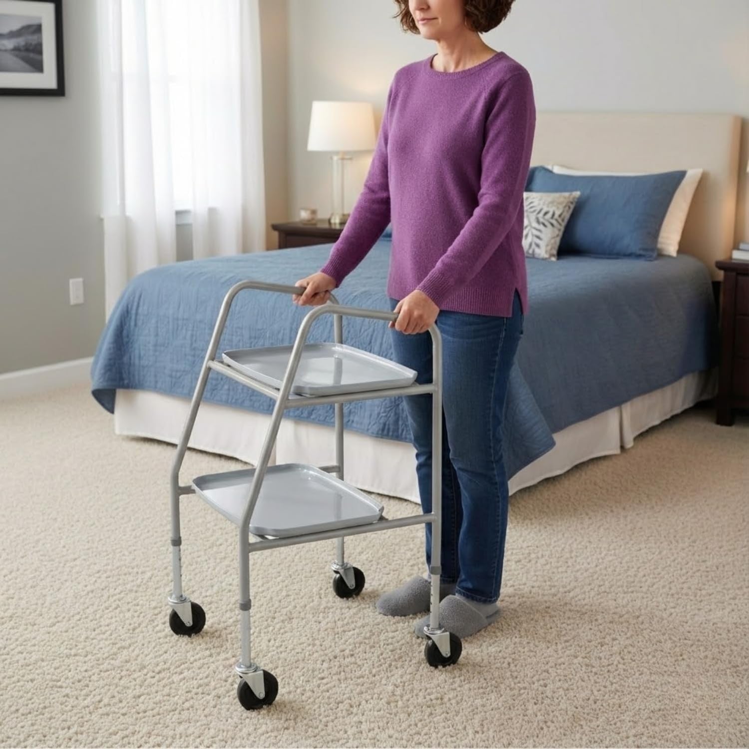 Height Adjustable Mobility Trolley on Wheels Steel Frame Two Tray Cart