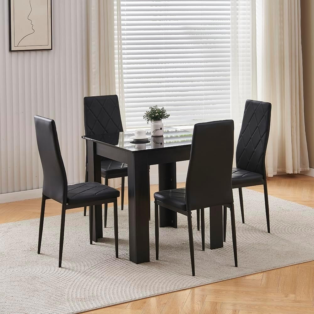 Modern Black Dining Table Set 3PC Small Space PU Chairs Kitchen Home