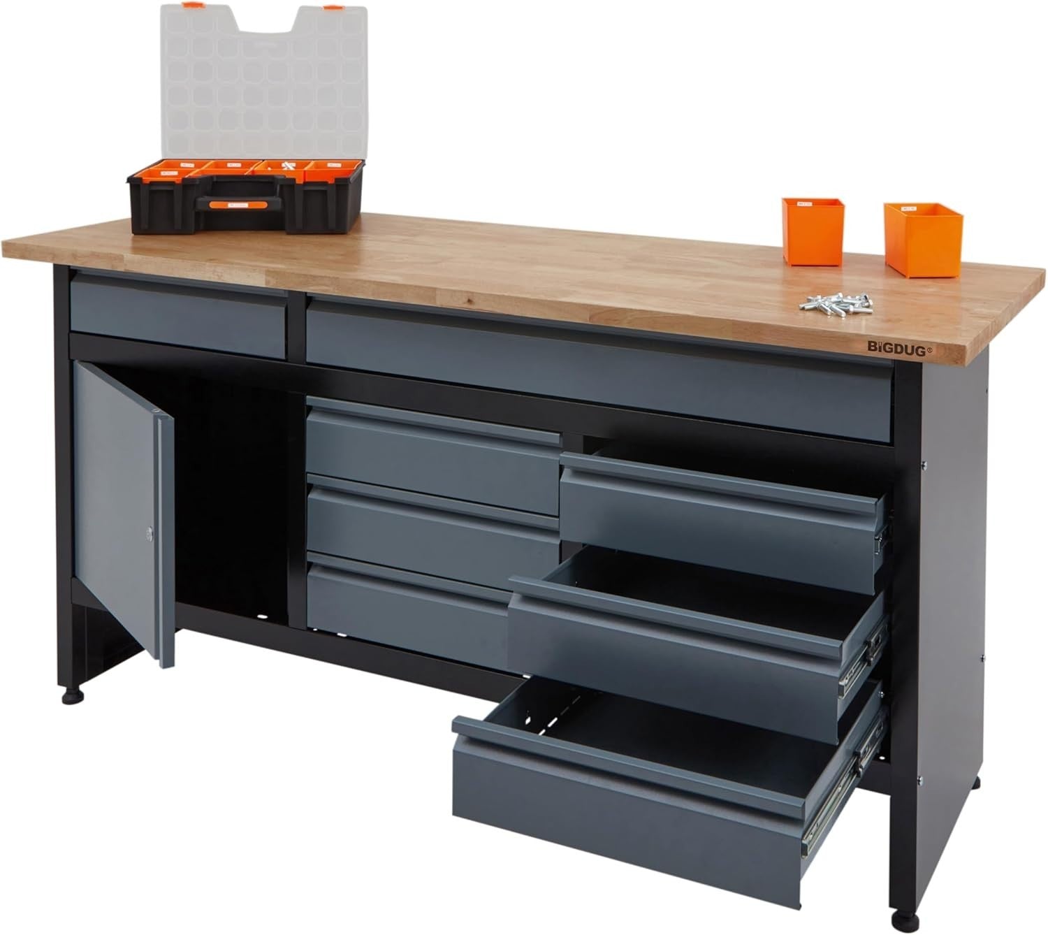 1709mm Garage Workbench 8 Drawers + Cupboard 300kg Load Solid Wood Top