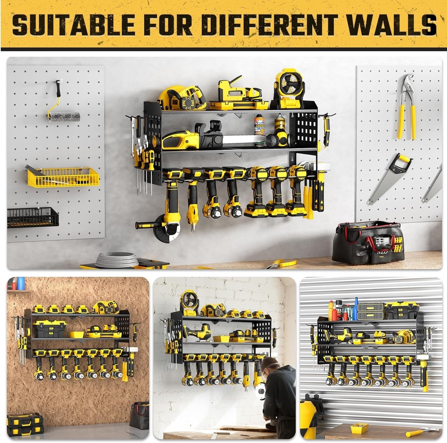 Wall Mounted Power Tool Organizer 3 Tier 7 Drill Rack Black