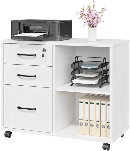White Mobile File Cabinet 3 Drawer Lockable Printer Stand w/ Open Shelves