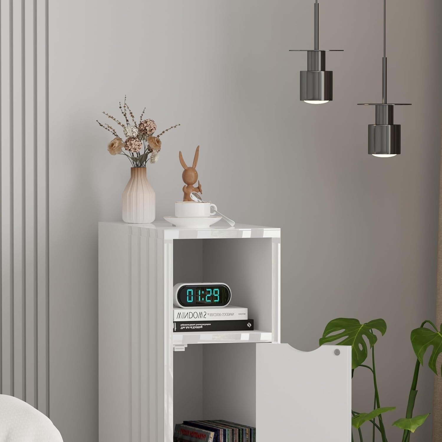Slim White High Gloss Bedside Table with Drawer & Shelf, Narrow Nightstand