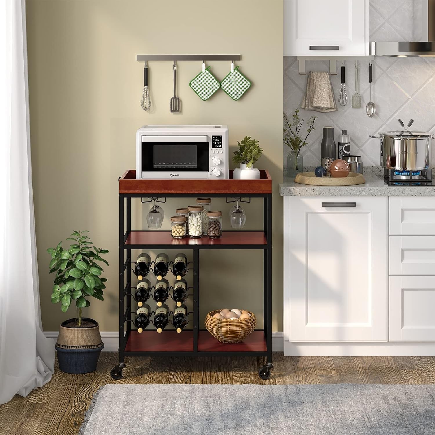 3 Tier Kitchen Serving Trolley Bar Cart with Wine Rack Glass Holders Wheels