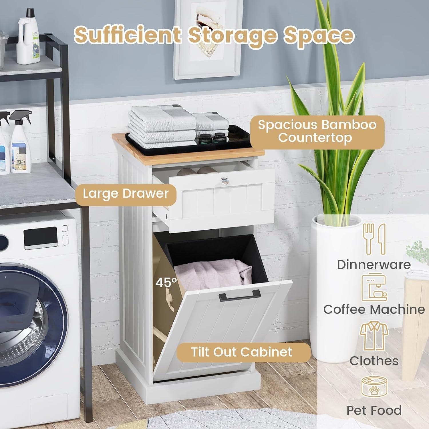 White Tilt-Out Laundry Hamper Cabinet with Drawer 30L Basket Bathroom Unit