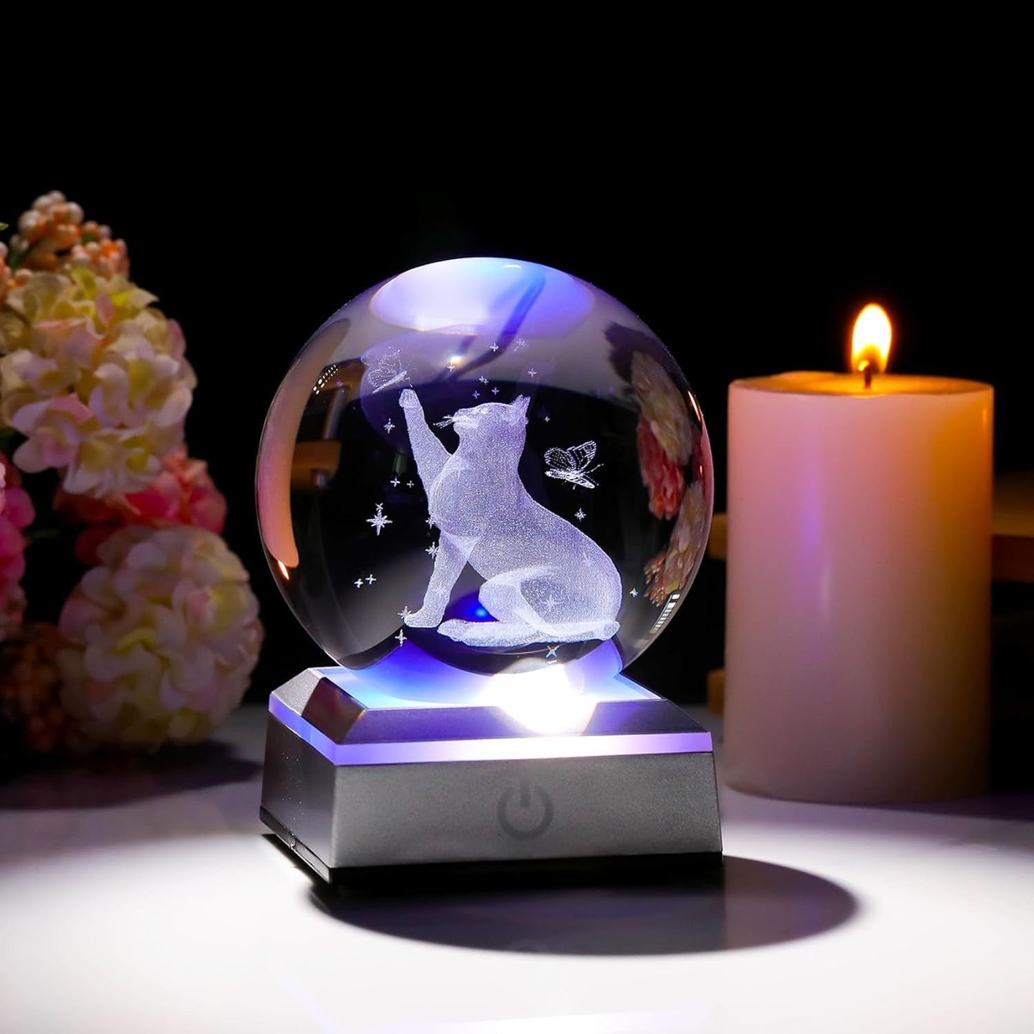 3D Crystal Cat & Butterfly LED Light Ball 80mm Glass Ornament Gift for Cat Lover