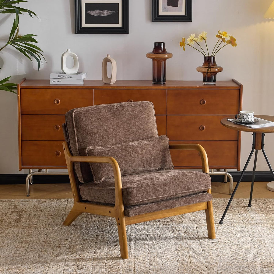Coffee Brown Chenille Accent Chair – Solid Wood Lounge Armchair
