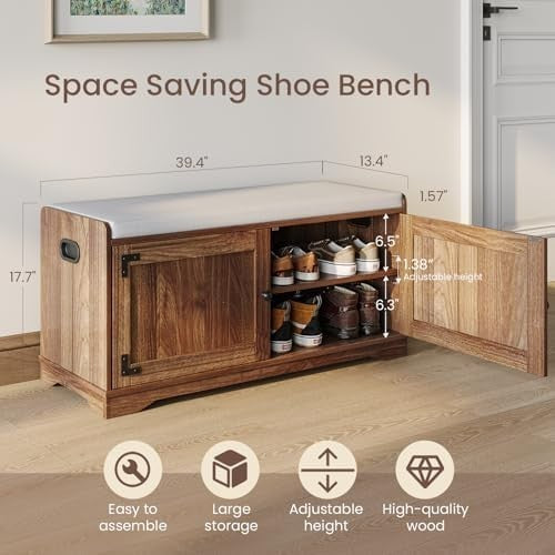 Rustic Brown Shoe Storage Bench, Cushion Seat 2-Door Cabinet & Adjustable Shelve