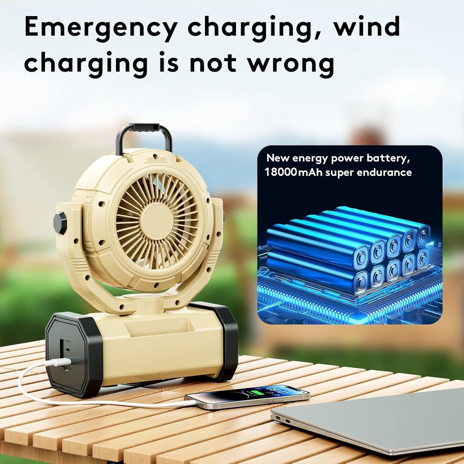 13.4-Inch Portable Camping Fan - 4Speed Rechargeable Silent Cooling Fan 18000mAh