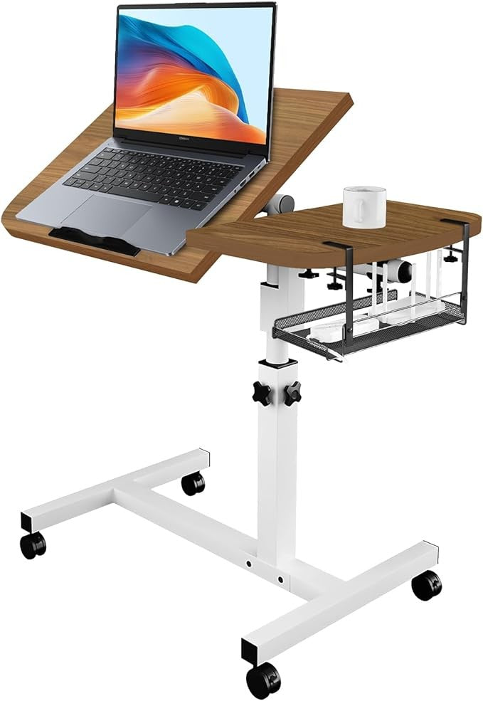 Adjustable Overbed Laptop Table Oak with Wheels Split Tilting Bedside Desk