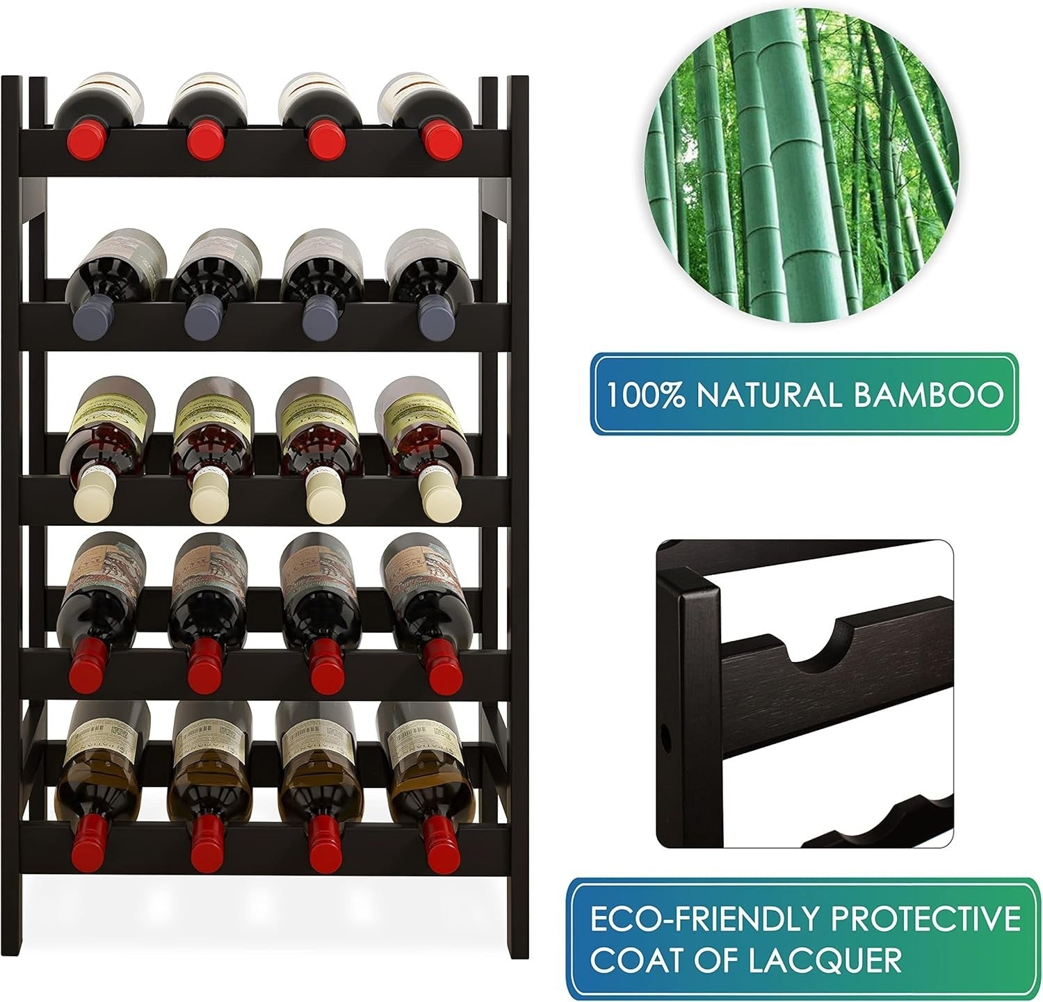 5 Tier Wooden Wine Rack 20 Bottle Storage Stand Free Standing Black Kitchen Bar