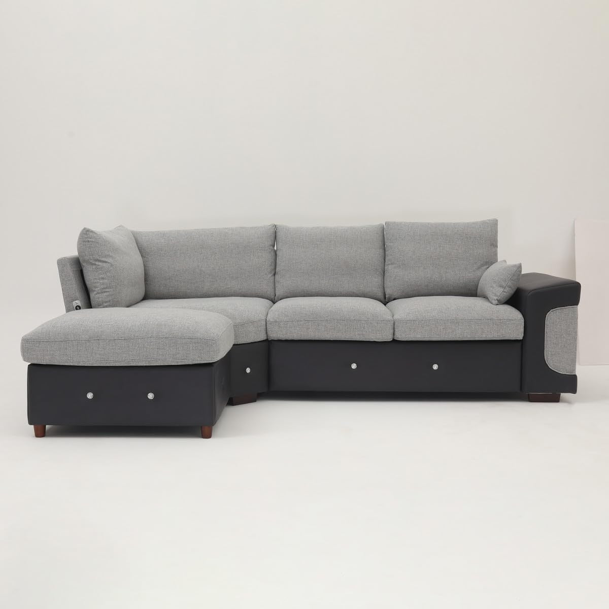 L-Shape 4 Seater Corner Sofa with USB Port Chaise – Linen & Faux Leather