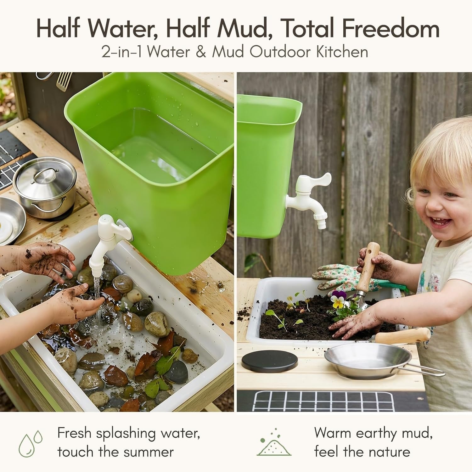 Outdoor Mud Kitchen for Kids Wooden Playset w/ Water Tank BBQ