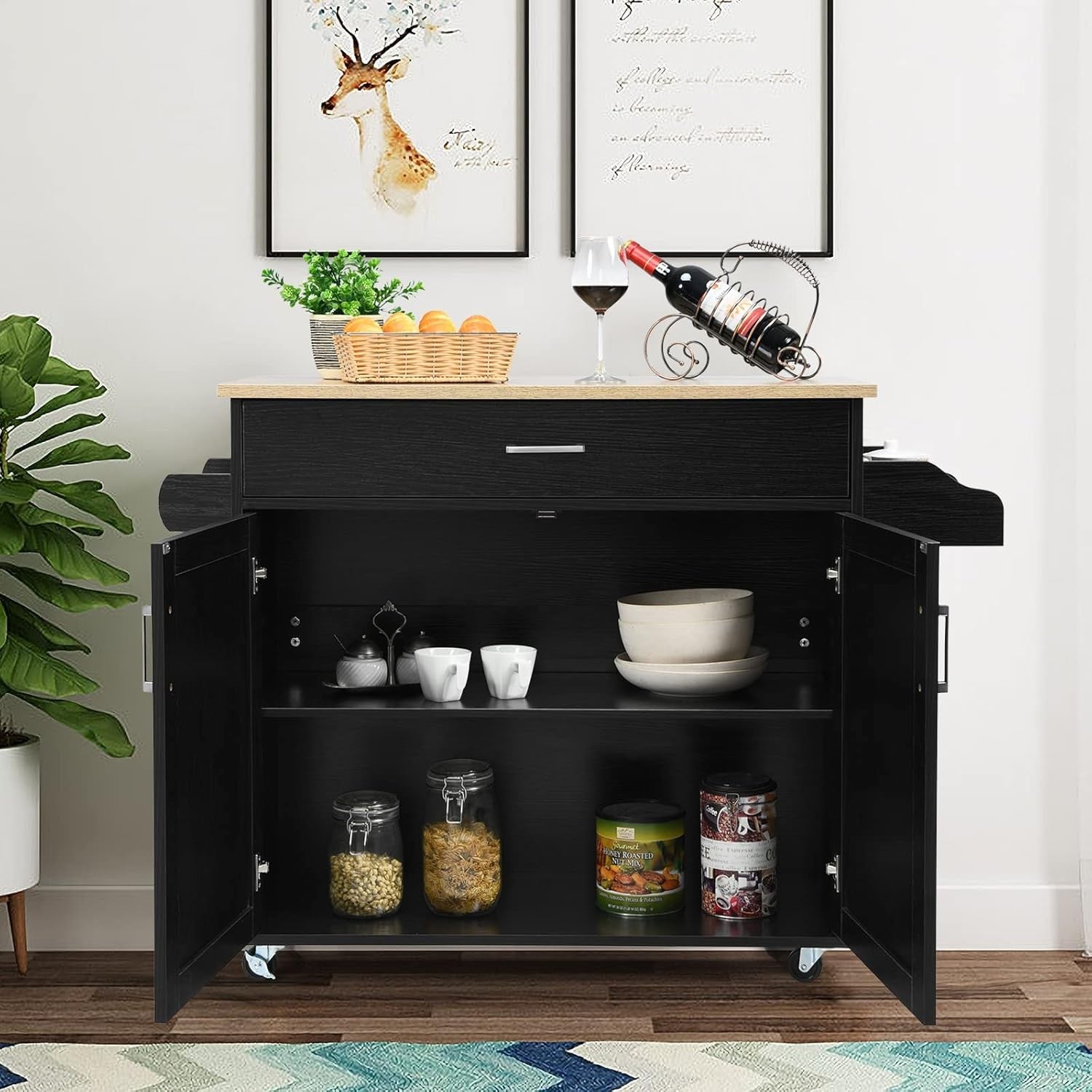 Kitchen Island Cart on Wheels Storage Trolley Cabinet Drawer Wood Top
