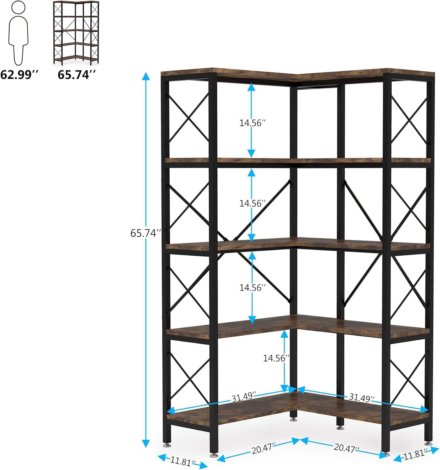 Tall 5-Tier Corner Bookshelf | Rustic Wood & Metal Industrial Display Storage Un