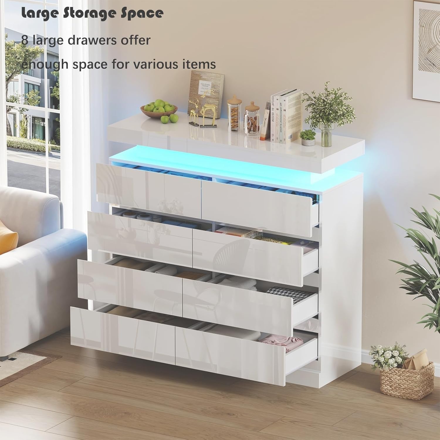 White Gloss Chest 8 Drawers with RGB LED Lights Storage Cabinet Modern