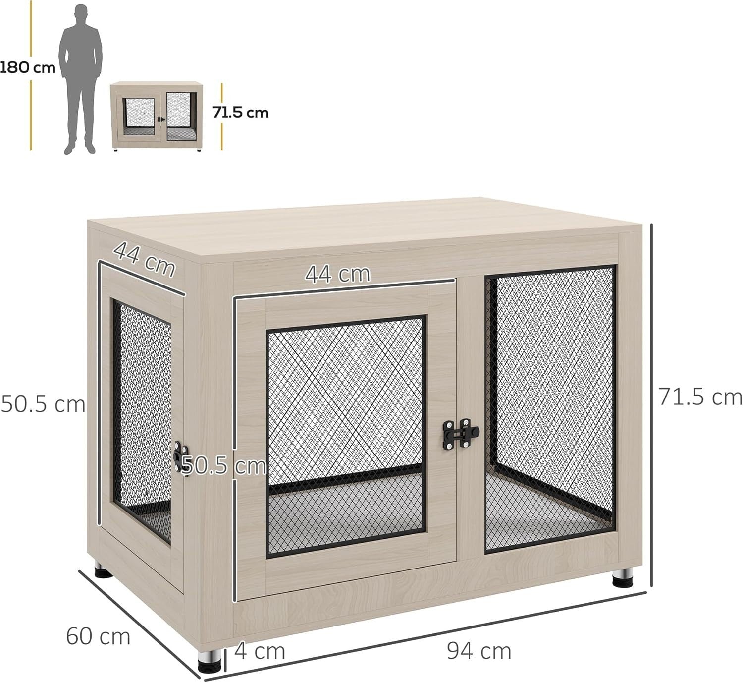 Modern Oak Dog Crate Table 94x60x71.5cm w/Lockable Doors & Washable Cushion