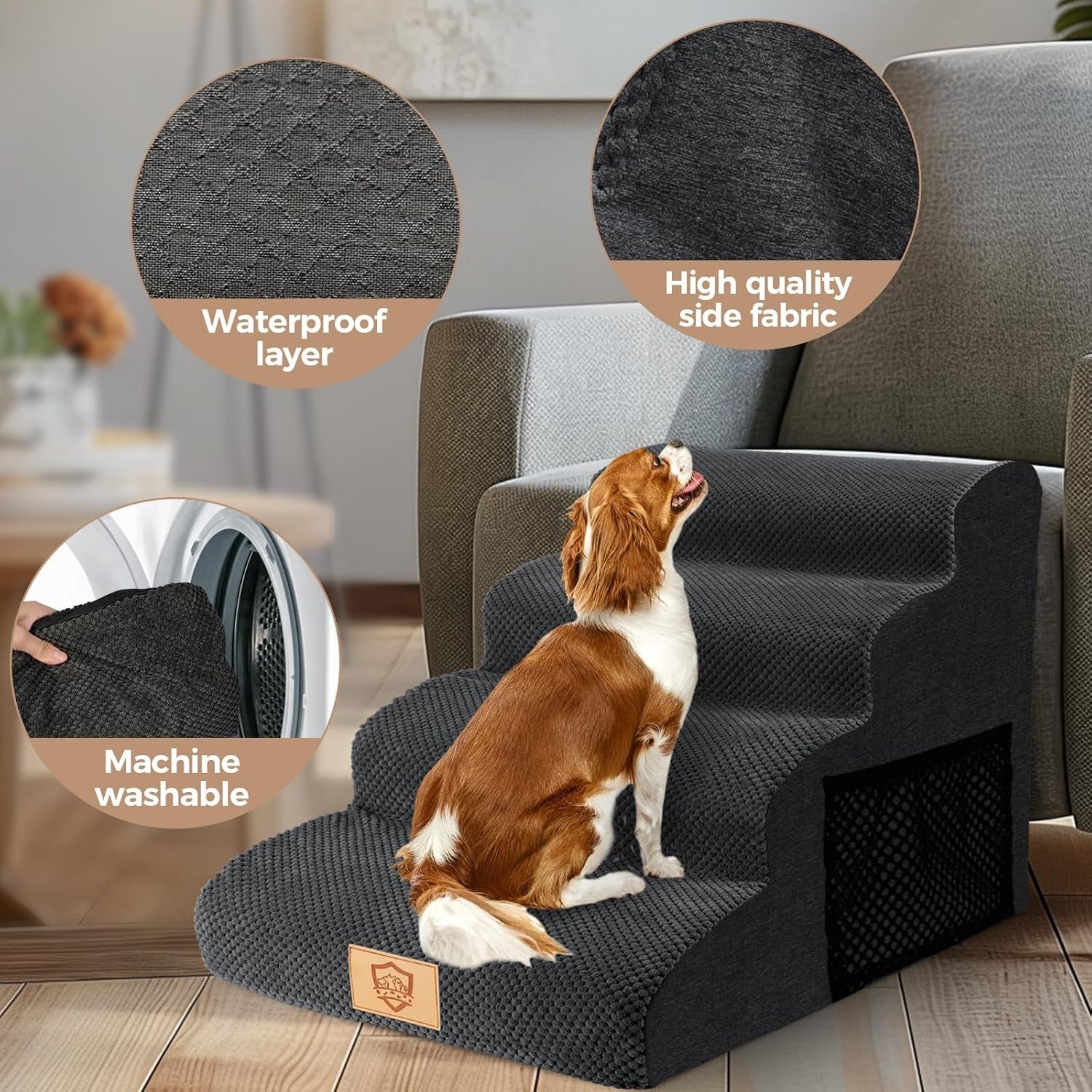 4 Step Dog Stairs Ramp for Bed Sofa Non Slip Washable Black 73x40x51cm