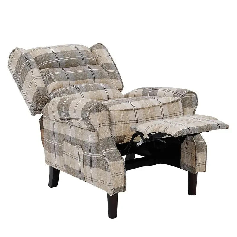 Beige Tartan Wingback Recliner Chair – Manual Pushback Armchair UK Made
