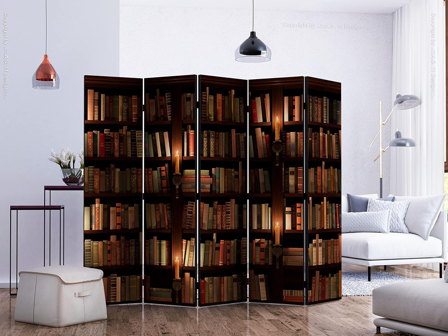Large Library Print Folding Room Divider – 5 Panel Double-Sided Screen