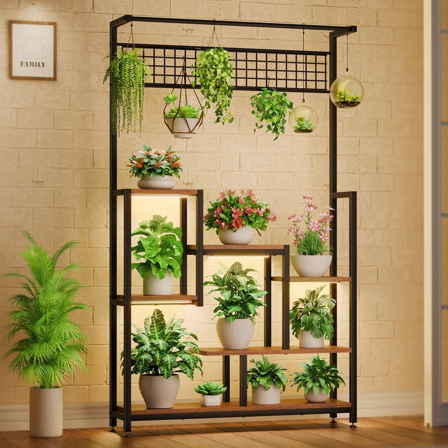 6 Tier Tall Metal Plant Stand with Grow Lights Indoor Outdoor Flower Shelf