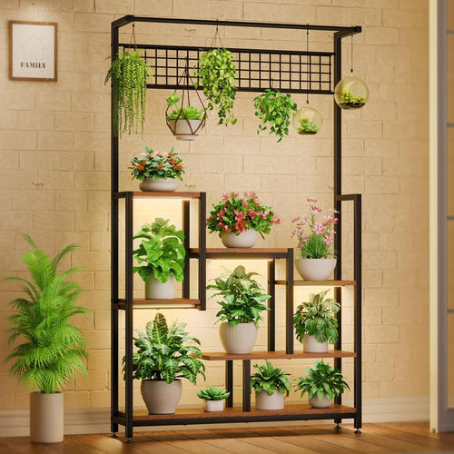 6 Tier Tall Metal Plant Stand with Grow Lights Indoor Outdoor Flower Shelf