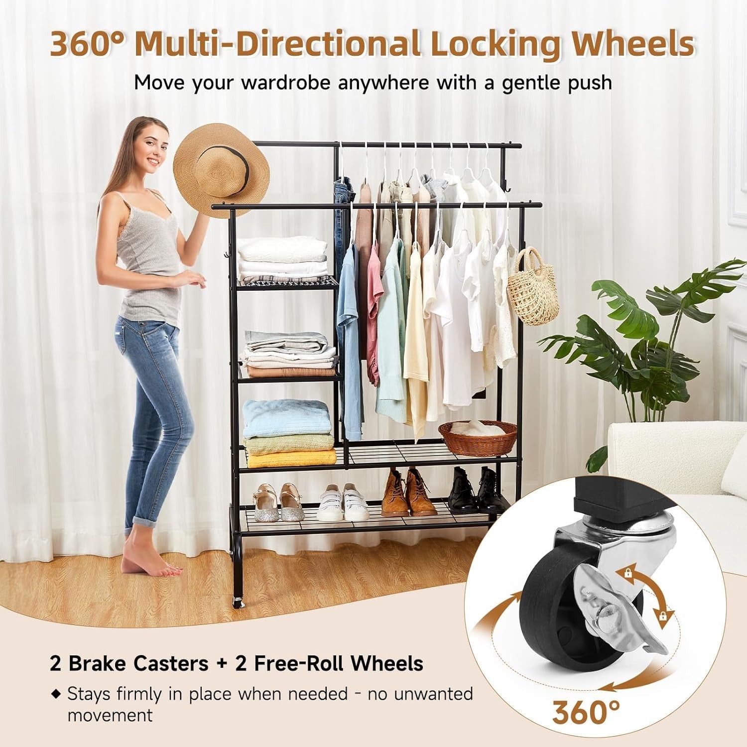 Heavy Duty Clothes Rail Double Hanging Rack Shelves Black