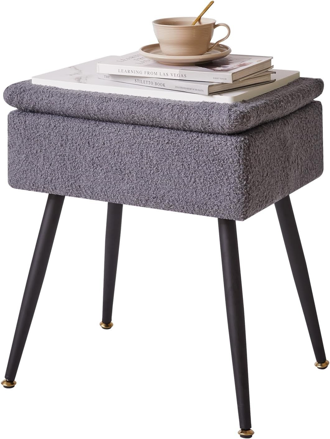 Grey Teddy Fur Vanity Stool with Storage – Soft Ottoman Chair for Bedroom