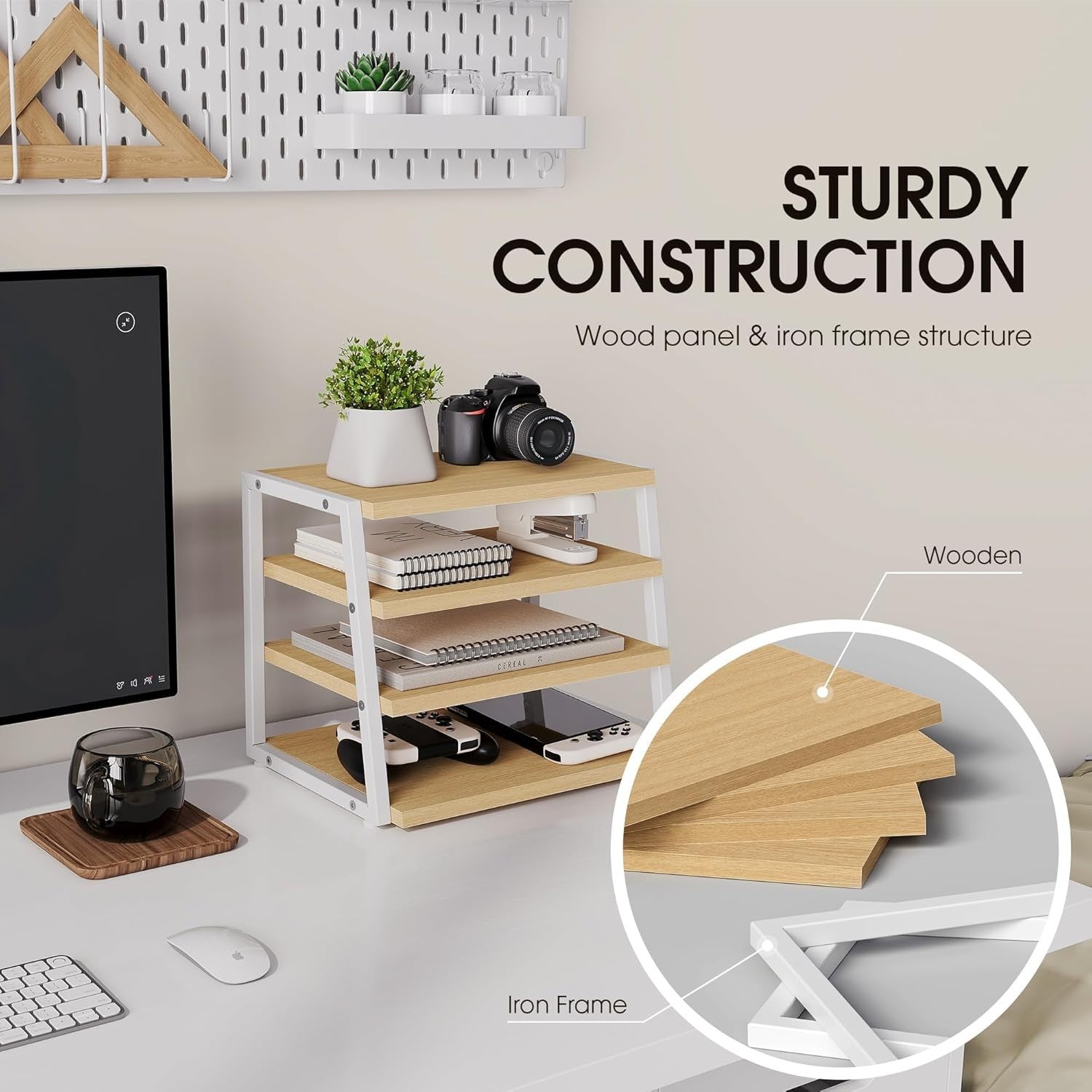 4 Tier Desk File Organizer Shelf A4 Paper Tray Wood Metal Office Rack