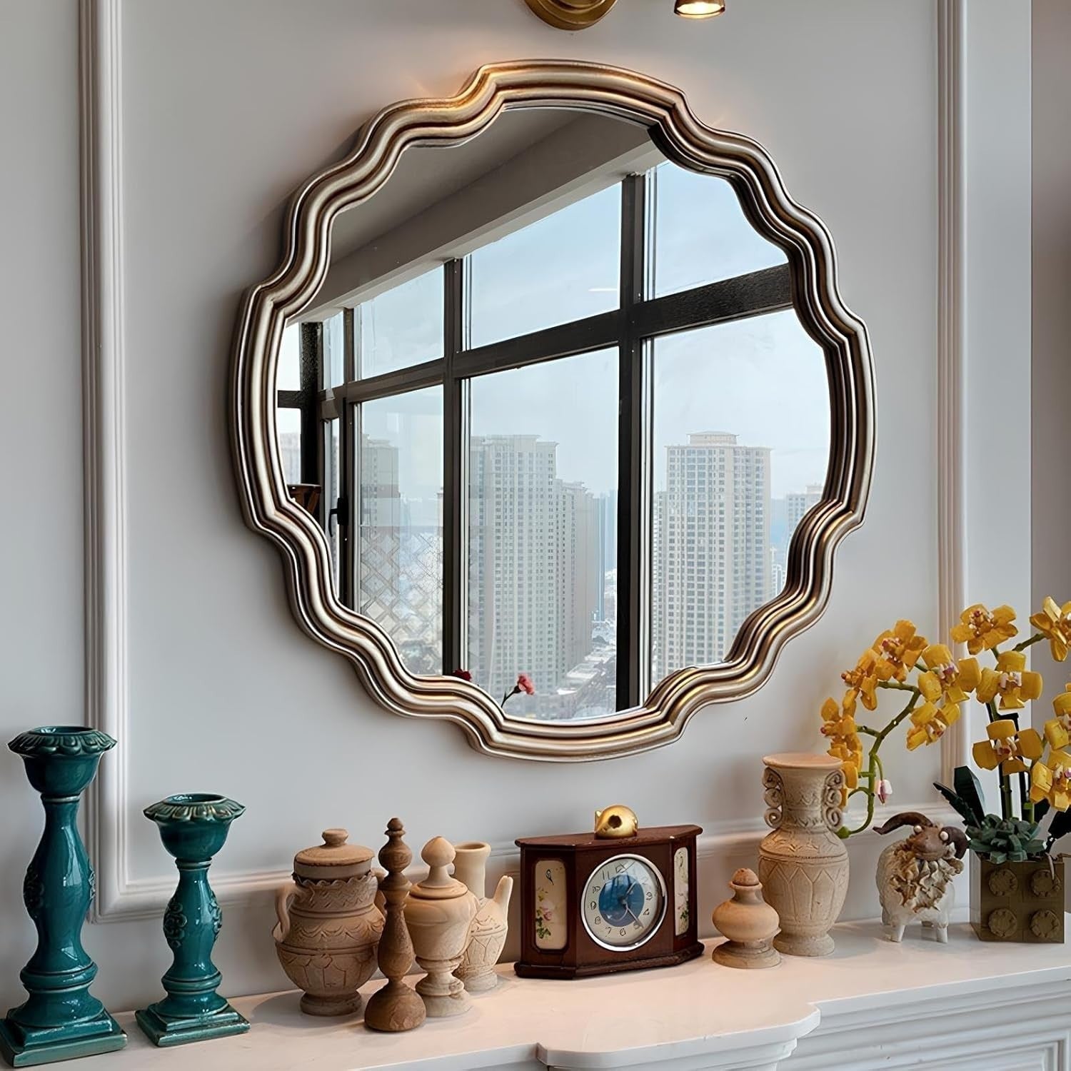 Irregular Round Wavy Wall Mirror 65x65cm Retro Frame Vanity Mirror