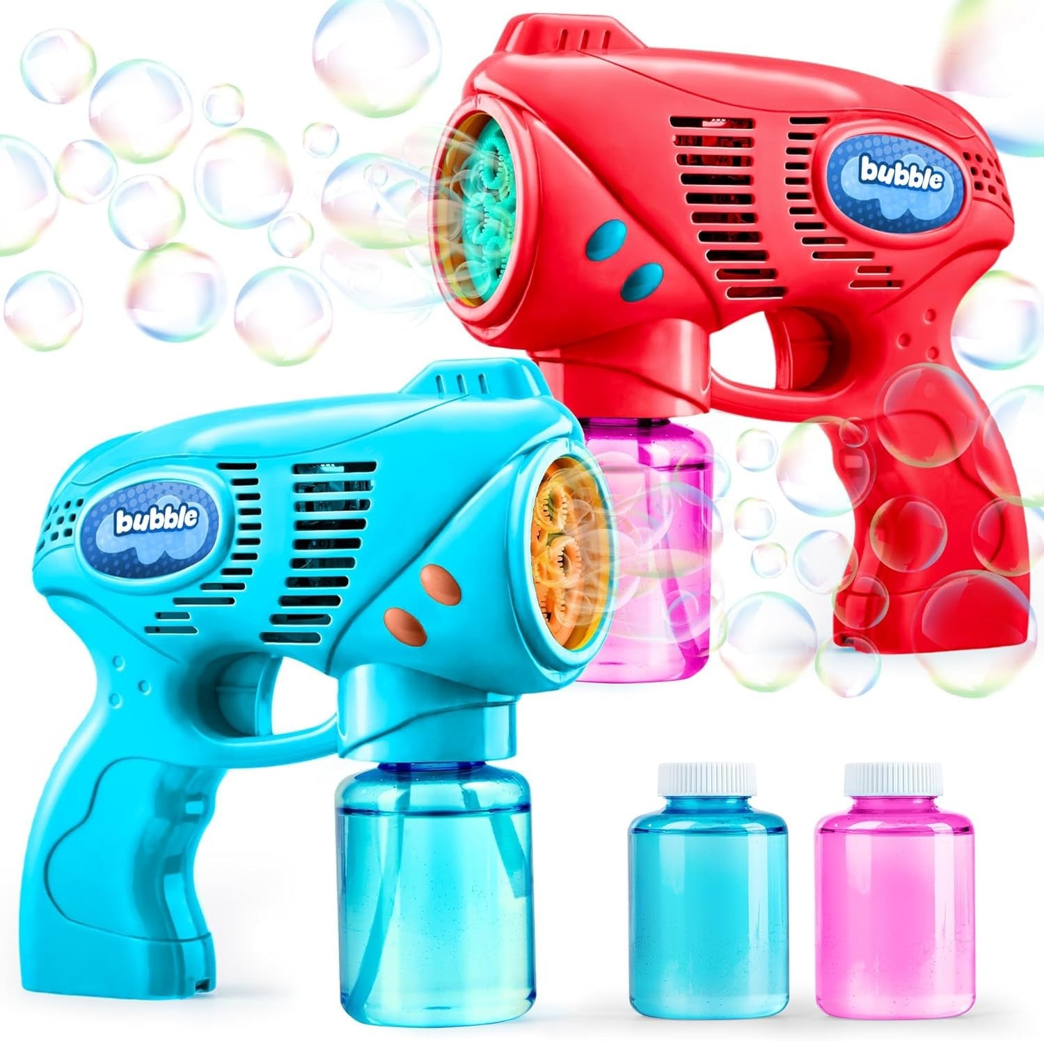 2 Pack Bubble Guns Kids Toy Set Red Blue with Solution