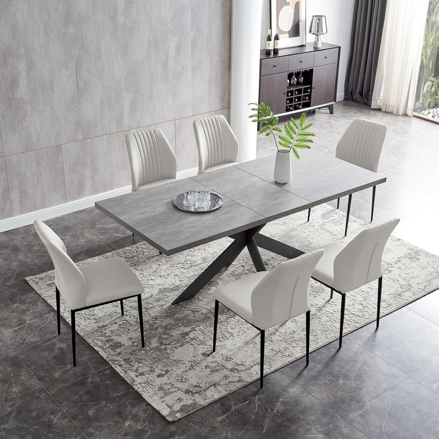 Extendable Dining Table Set 6 White Chairs MDF Kitchen Living Room Furniture