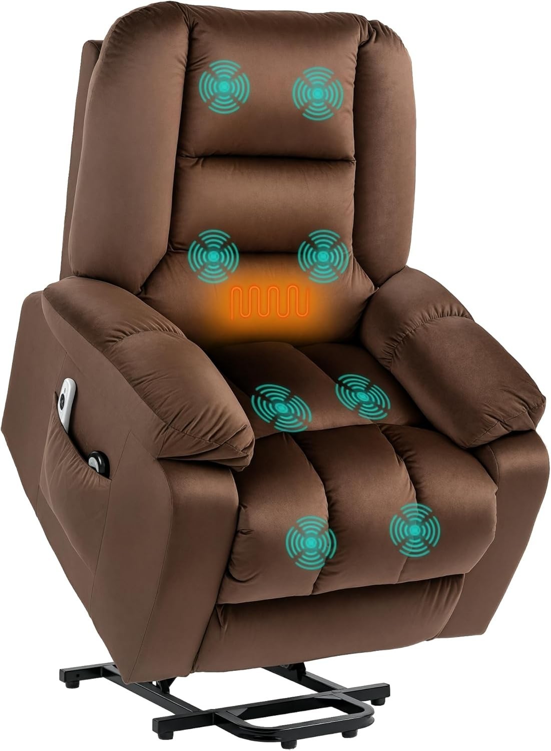Velvet Lift Recliner Chair Massage Heat Riser Armchair for Elderly Brown