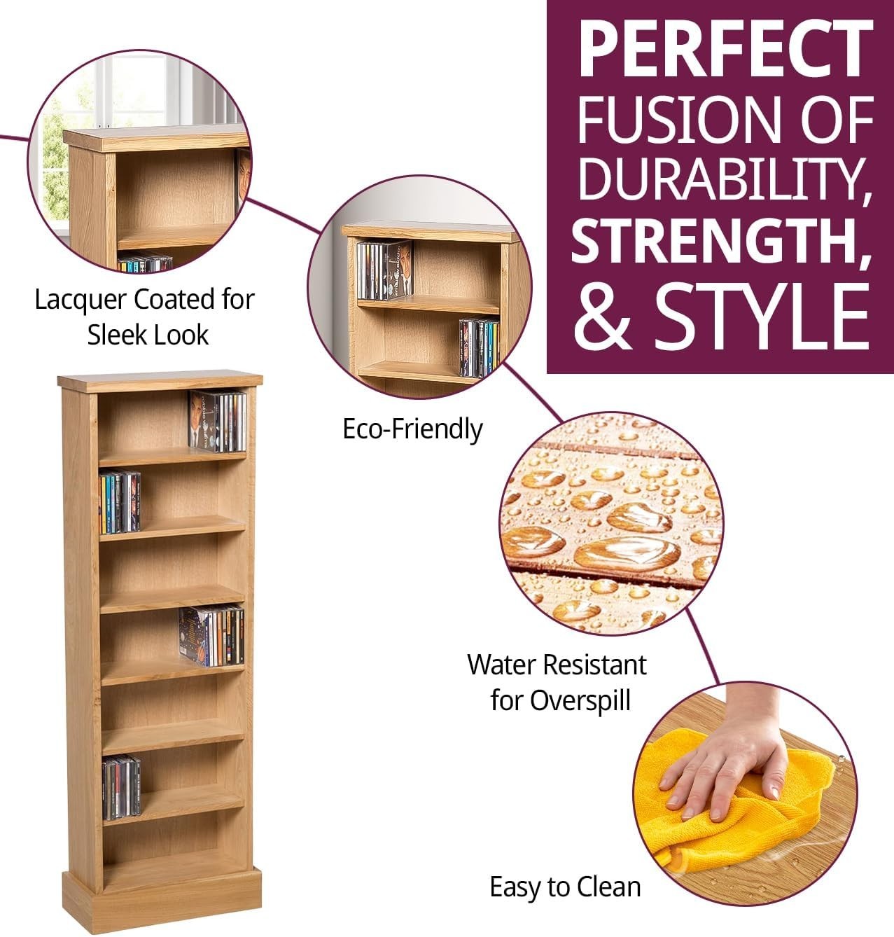 Solid Oak CD DVD Storage Tower 7 Shelf Media Bookcase Display Unit