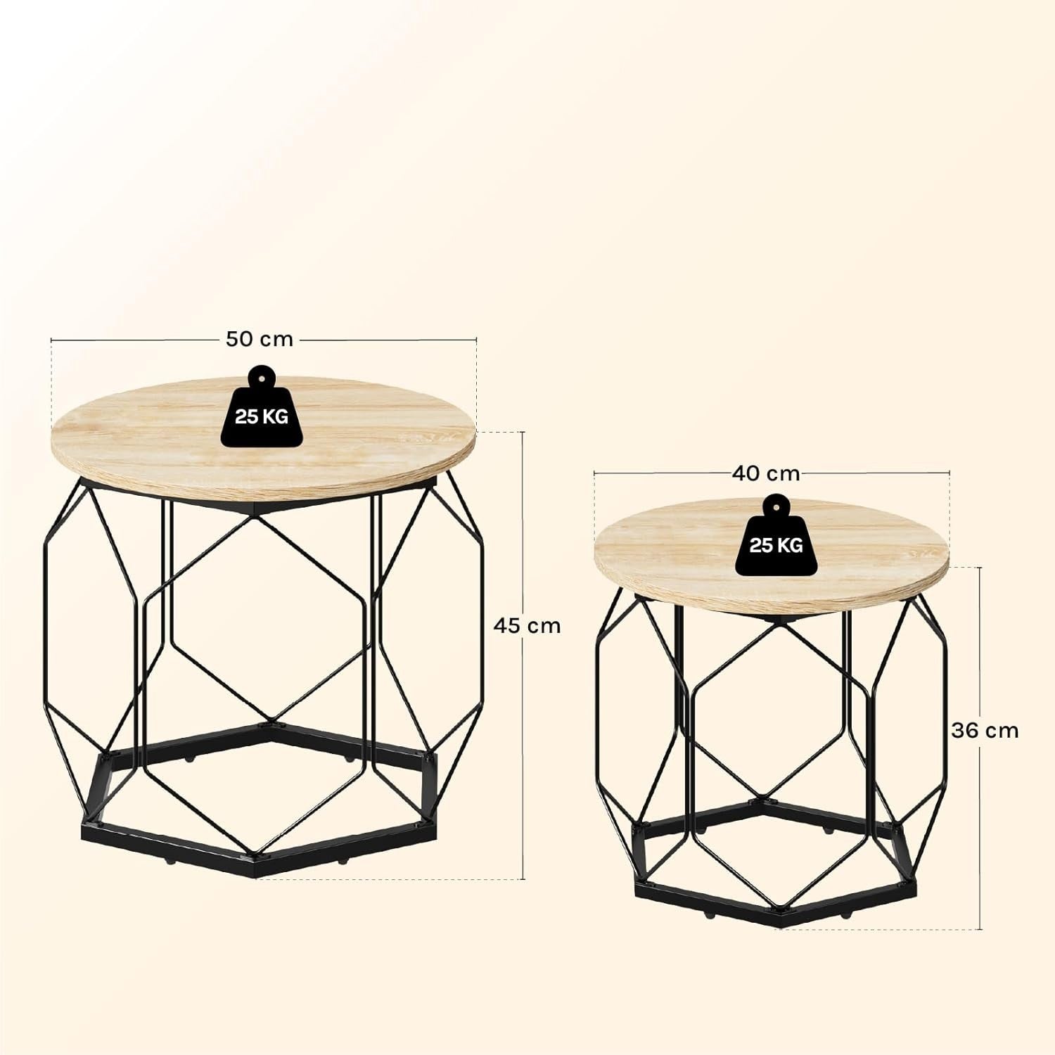 Round Coffee Tables Set of 2 – Sturdy Metal Frame, Light Oak Shelves, 40 & 50cm
