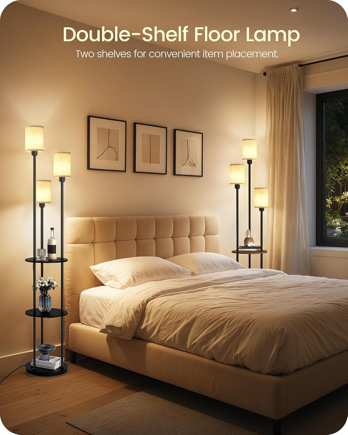 Industrial Floor Lamp with Shelves 3 Light Linen Shades Foot Switch