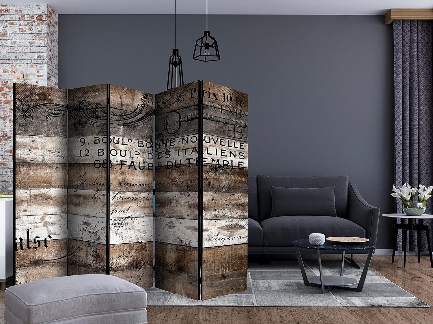 Vintage Wood Print 5-Panel Double-Sided Room Divider 225x172cm Folding Screen