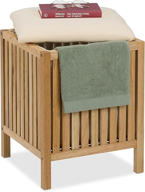 Wood Laundry Hamper with Seat 30L Bathroom Stool Storage Bin Natural Fabric
