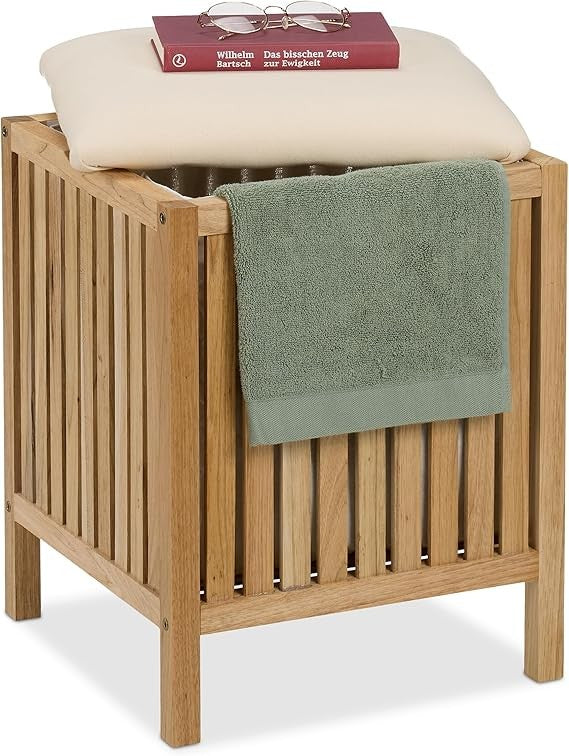 Wood Laundry Hamper with Seat 30L Bathroom Stool Storage Bin Natural Fabric